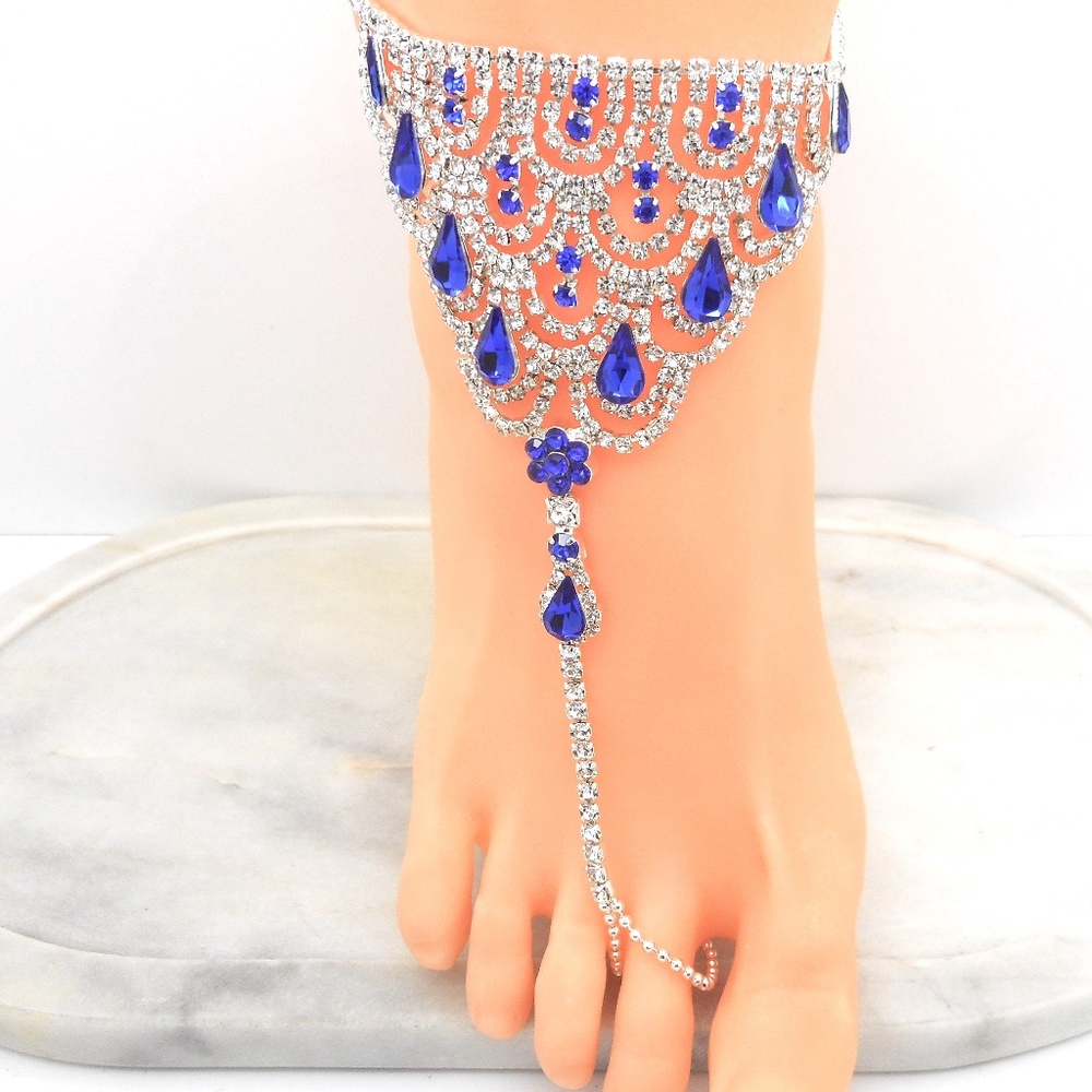 Anklet Toe Ring Slave Ankle Bracelet Cobalt Crystals